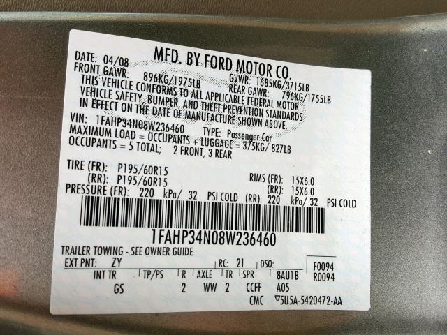 1FAHP34N08W236460 - 2008 FORD FOCUS S/SE GRAY photo 10