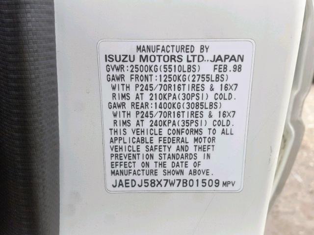 JAEDJ58X7W7B01509 - 1998 ACURA SLX WHITE photo 10