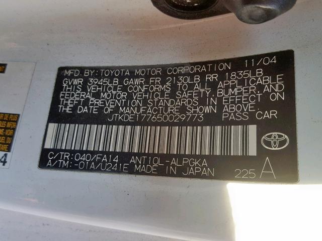 JTKDE177650029773 - 2005 TOYOTA SCION TC თეთრი ფოტო 10