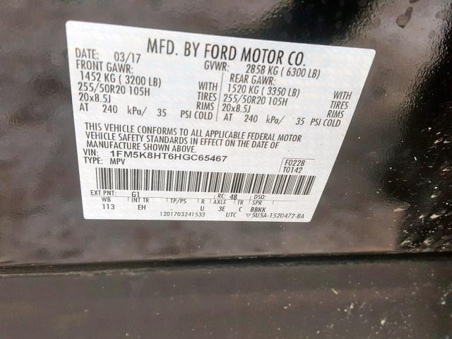 1FM5K8HT6HGC65467 - 2017 FORD EXPLORER P BLACK photo 10