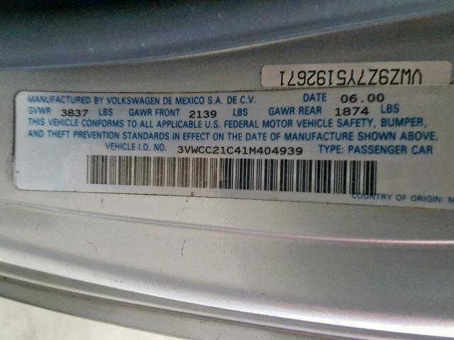 3VWCC21C41M404939 - 2001 VOLKSWAGEN NEW BEETLE Silber Foto 10