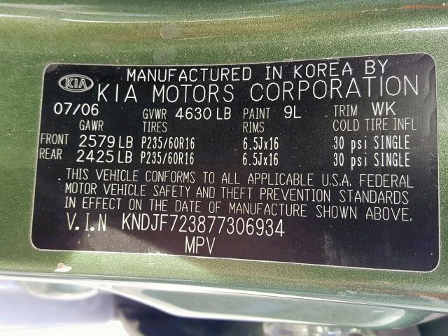 KNDJF723877306934 - 2007 KIA SPORTAGE E GREEN photo 10