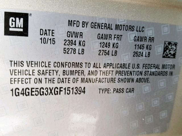 1G4GE5G3XGF151394 - 2016 BUICK LACROSSE P SILVER photo 10