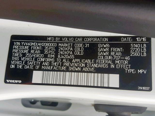 YV440MDU4H2080003 - 2017 VOLVO XC60 T5 WHITE photo 10