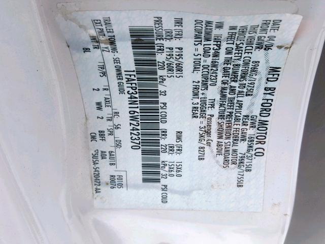 1FAFP34N16W242370 - 2006 FORD FOCUS ZX4 WHITE photo 10