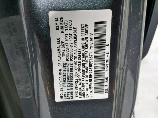 5FNRL5H24EB092871 - 2014 HONDA ODYSSEY LX GRAY photo 10