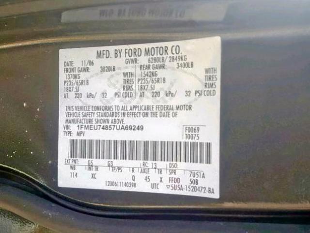 1FMEU74857UA69249 - 2007 FORD EXPLORER E GREEN photo 10