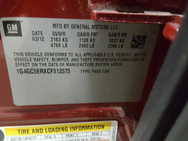 1G4GC5ERXCF312575 - 2012 BUICK LACROSSE RED photo 10