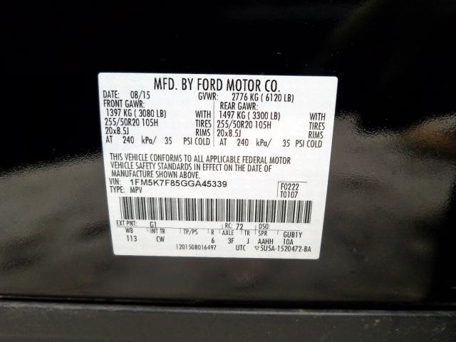 1FM5K7F85GGA45339 - 2016 FORD EXPLORER LIMITED  photo 10