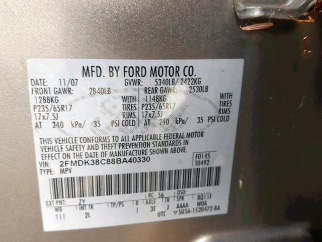 2FMDK38C88BA40330 - 2008 FORD EDGE SEL CREAM photo 10