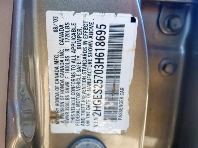 2HGES25703H618695 - 2003 HONDA CIVIC EX BEIGE photo 10