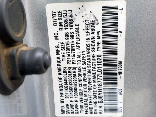 5J6YH18777L011020 - 2007 HONDA ELEMENT EX SILVER photo 10