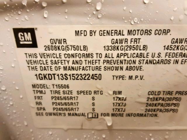 1GKDT13S152322450 - 2005 GMC ENVOY WHITE photo 10