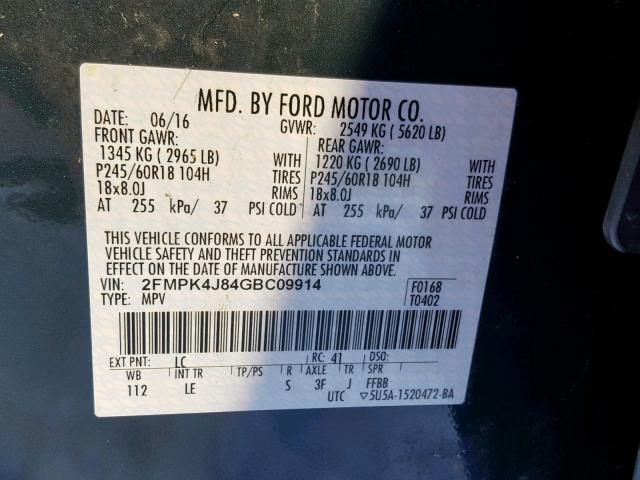 2FMPK4J84GBC09914 - 2016 FORD EDGE SEL BLUE photo 10