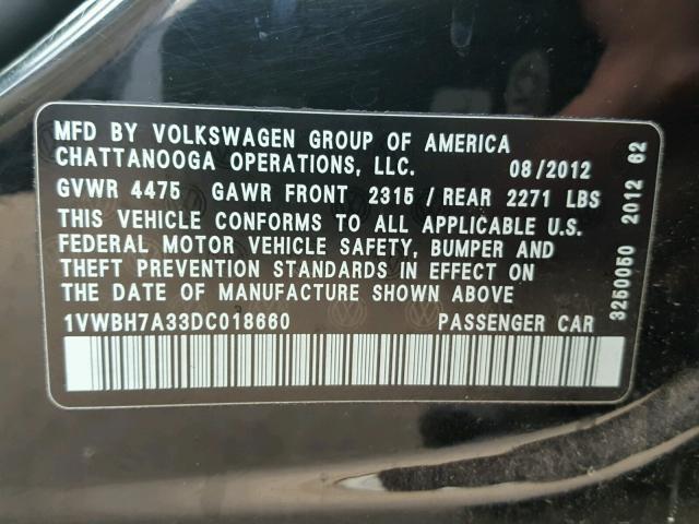 1VWBH7A33DC018660 - 2013 VOLKSWAGEN PASSAT SE BLACK photo 10