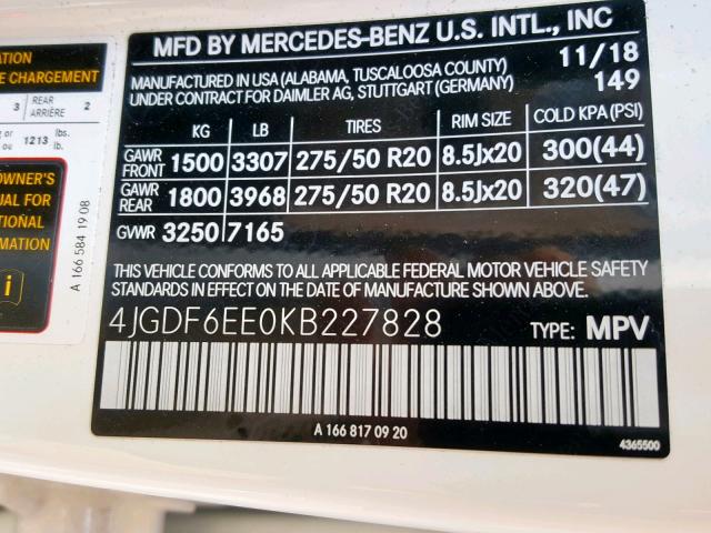 4JGDF6EE0KB227828 - 2019 MERCEDES-BENZ GLS 450 4M WHITE photo 10