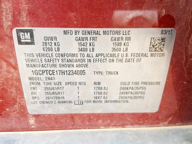 1GCPTCE17H1234005 - 2017 CHEVROLET COLORADO L RED photo 10