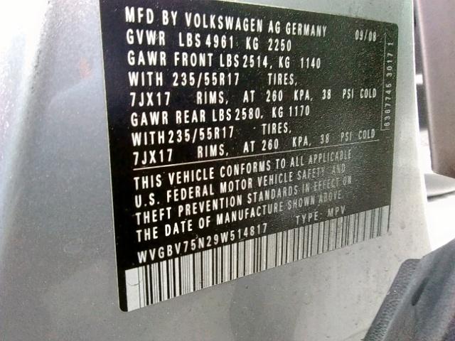 WVGBV75N29W514817 - 2009 VOLKSWAGEN TIGUAN SE SILVER photo 10