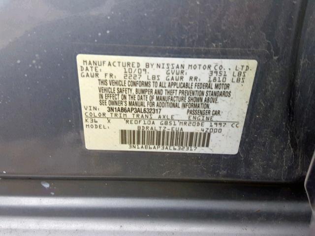 3N1AB6AP3AL632317 - 2010 NISSAN SENTRA 2.0 GRAY photo 10