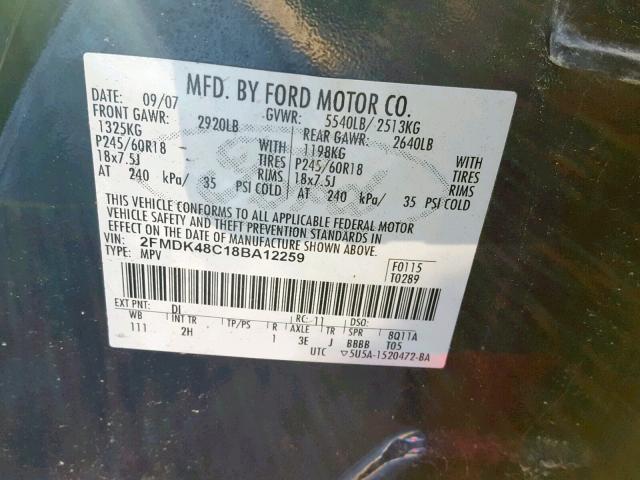 2FMDK48C18BA12259 - 2008 FORD EDGE SEL BLUE photo 10