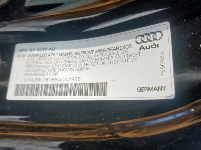 WAUDK78T88A042955 - 2008 AUDI A5 QUATTRO BLACK photo 10