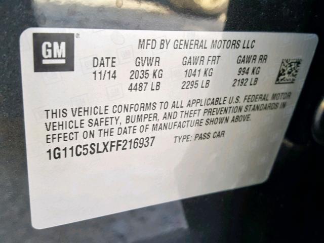 1G11C5SLXFF216937 - 2015 CHEVROLET MALIBU 1LT GRAY photo 10