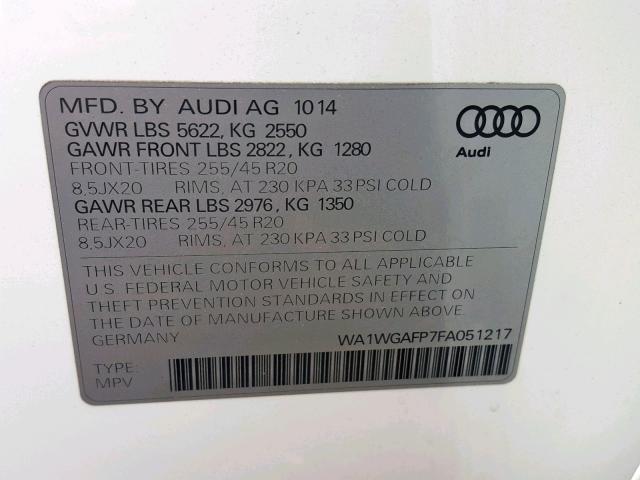 WA1WGAFP7FA051217 - 2015 AUDI Q5 PRESTIG WHITE photo 10