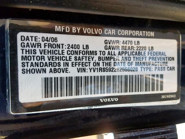 YV1RS592262556028 - 2006 VOLVO S60 2.5T BLUE photo 10