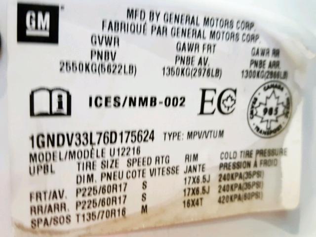 1GNDV33L76D175624 - 2006 CHEVROLET UPLANDER L Ağ foto 10