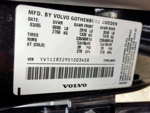 YV1CZ852951203458 - 2005 VOLVO XC90 V8 BLACK photo 10