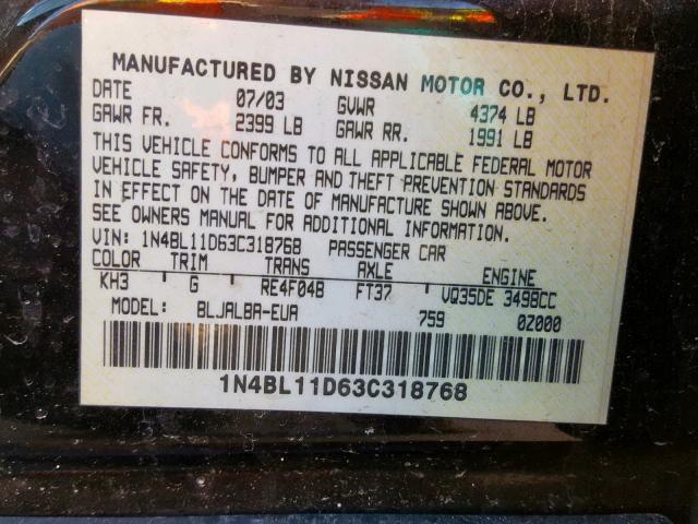 1N4BL11D63C318768 - 2003 NISSAN ALTIMA SE BLACK photo 10