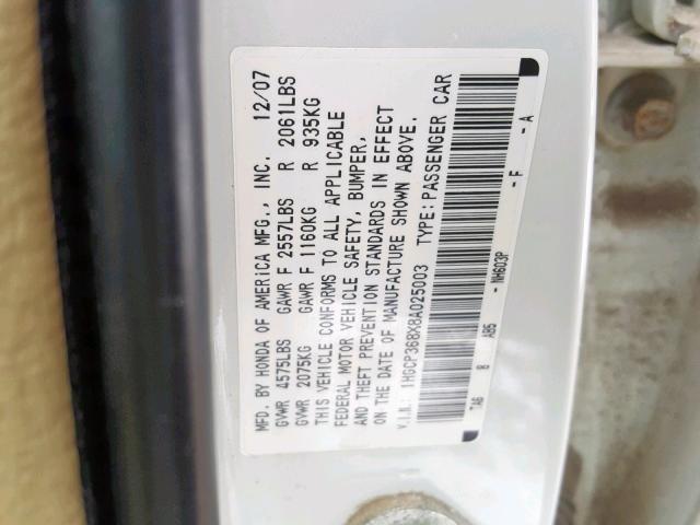 1HGCP368X8A025003 - 2008 HONDA ACCORD EXL WHITE photo 10