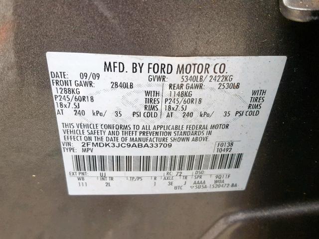 2FMDK3JC9ABA33709 - 2010 FORD EDGE SEL GRAY photo 10