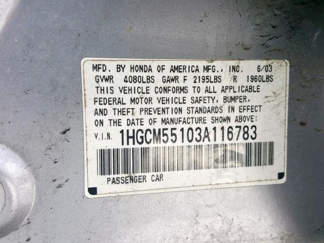 1HGCM55103A116783 - 2003 HONDA ACCORD DX SILVER photo 10