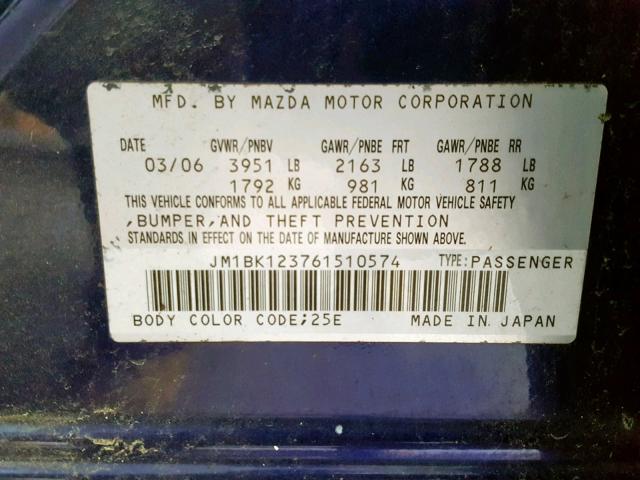 JM1BK123761510574 - 2006 MAZDA 3 S BLUE photo 10