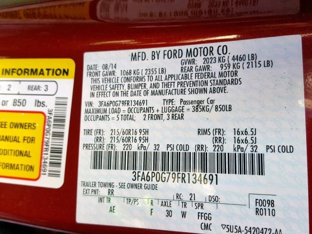 3FA6P0G79FR134691 - 2015 FORD FUSION S RED photo 10