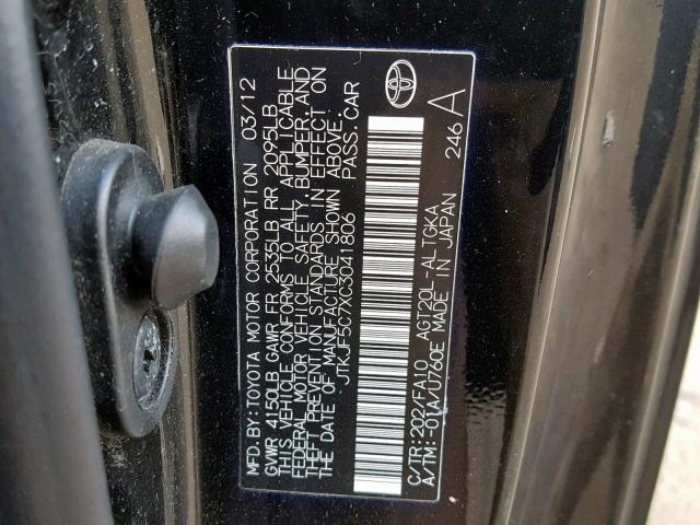 JTKJF5C7XC3041806 - 2012 TOYOTA SCION TC შავი ფოტო 10