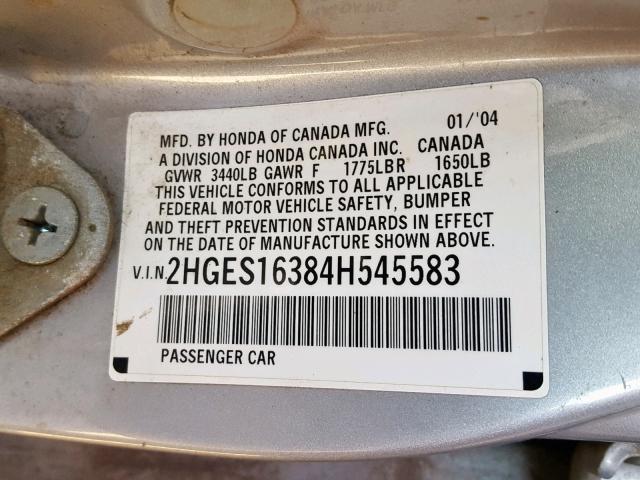 2HGES16384H545583 - 2004 HONDA CIVIC DX V SILVER photo 10