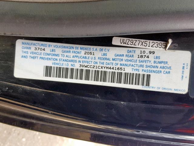 3VWCC21CXYM441651 - 2000 VOLKSWAGEN NEW BEETLE შავი ფოტო 10