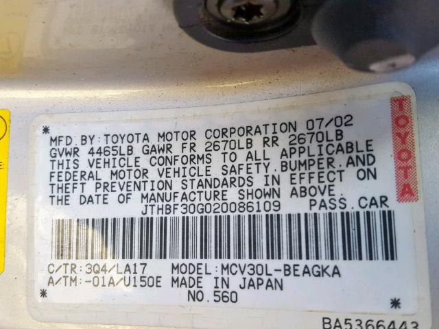 JTHBF30G020086109 - 2002 LEXUS ES 300 SILVER photo 10