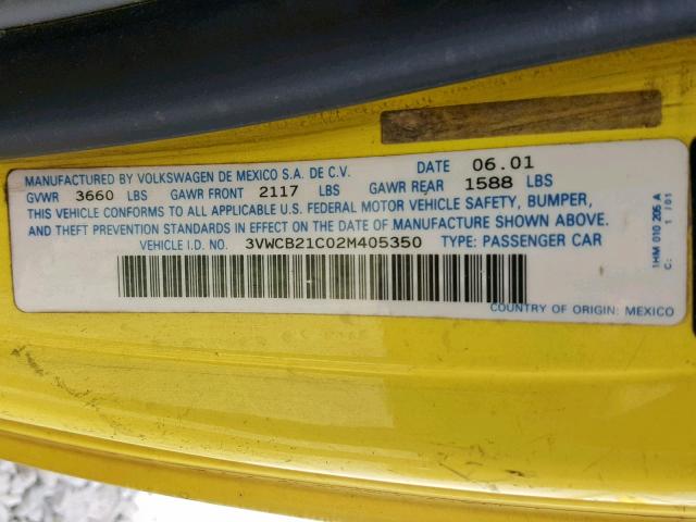 3VWCB21C02M405350 - 2002 VOLKSWAGEN NEW BEETLE YELLOW photo 10
