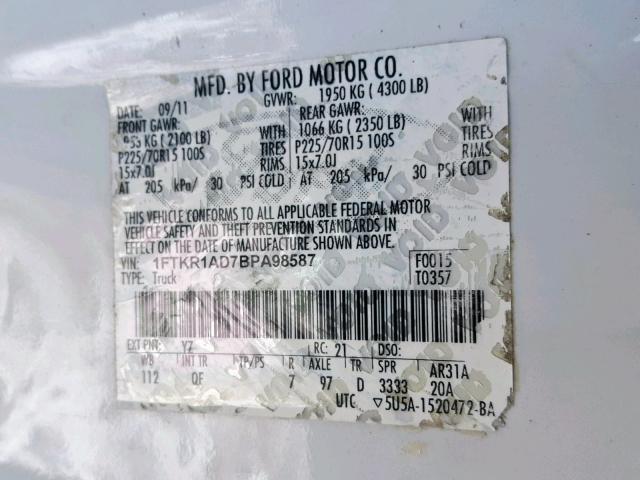 1FTKR1AD7BPA98587 - 2011 FORD RANGER WHITE photo 10