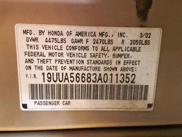 19UUA56683A011352 - 2003 ACURA 3.2TL BEIGE photo 10