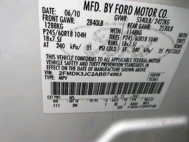 2FMDK3JC2ABB74993 - 2010 FORD EDGE SEL WHITE photo 10