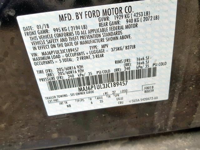 MAJ6P1UL3JC189457 - 2018 FORD ECOSPORT S BLACK photo 10