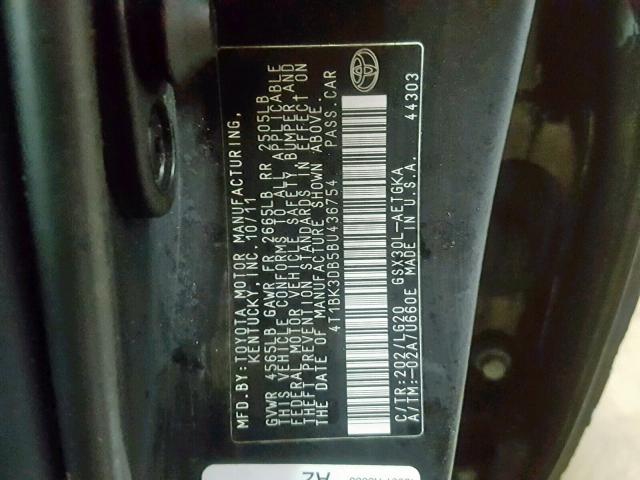 4T1BK3DB5BU436754 - 2011 TOYOTA AVALON BAS BLACK photo 10