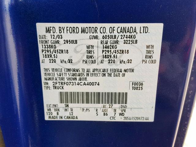 2FTRF07314CA40074 - 2004 FORD F150 SVT L BLUE photo 10