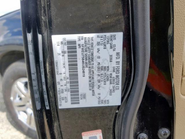 1FMEU75846UB24819 - 2006 FORD EXPLORER L BLACK photo 10