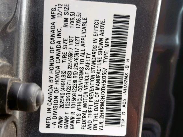 2HKRM3H7XDH503557 - 2013 HONDA CR-V EXL GRAY photo 10