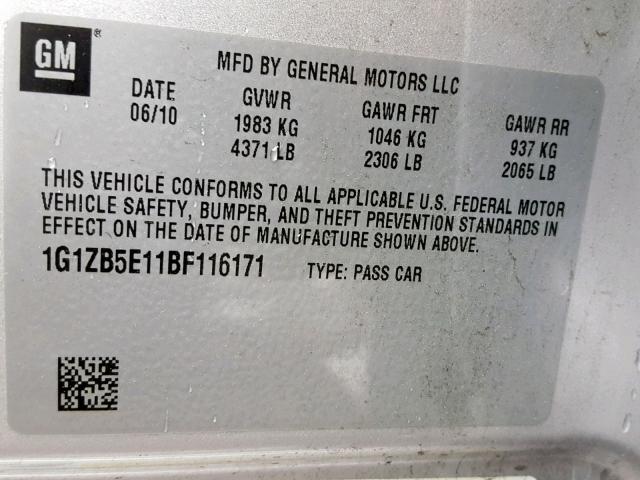 1G1ZB5E11BF116171 - 2011 CHEVROLET MALIBU LS SILVER photo 10